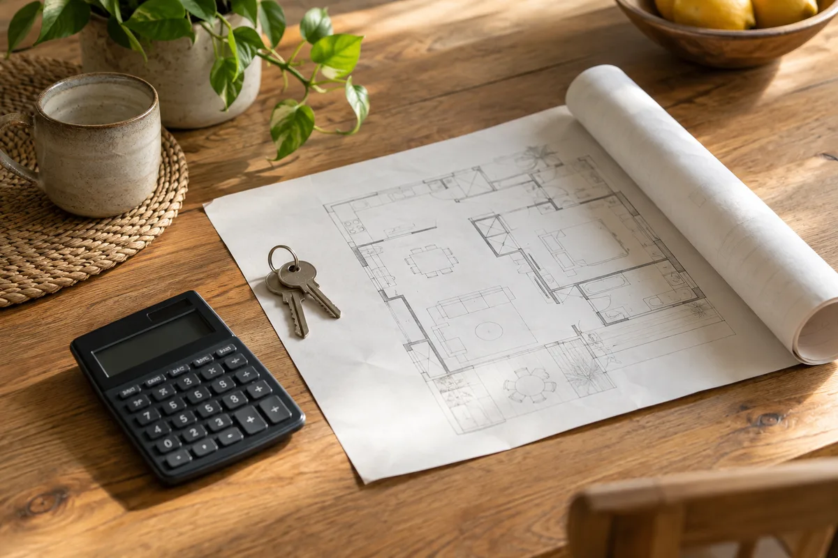 House keys, a floor-plan drawing and a calculator on a kitchen table.
